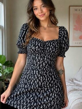 Black Floral Puff-Sleeve Mini Dress - Classic Feminine Style